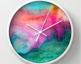 Watercolor wall clock, modern home decor, watercolor design clock, colorful abstract painting, artist designed green, pink, circular clock