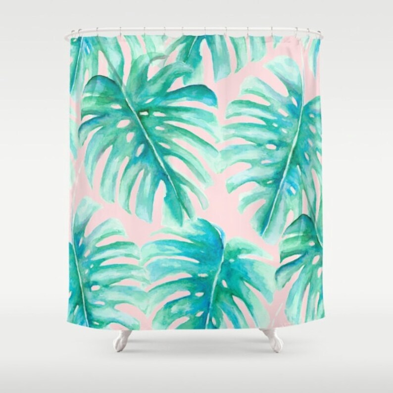 Pink And Green Palm Leaf Shower Curtain Monstera Pattern Image 0