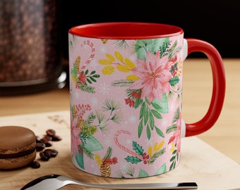 Christmas floral holiday mug pink watercolor poinsettia with red accent color handle, ceramic, holiday gifts for women, holiday tableware