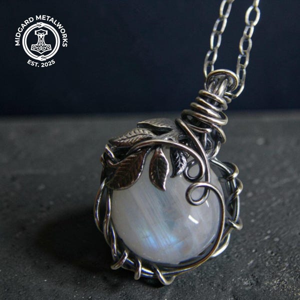 Collar de piedra lunar / Colgante de hoja gótica / Acero inoxidable / Wicca / Estilo brujo