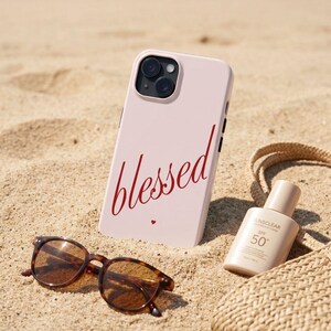 Pastel Pink Cursive "Blessed" Phone Case, Minimalist Heart Graphic Shell