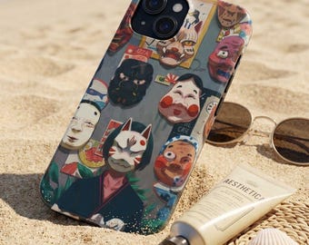 Japanese Folklore Masks Phone Case, Kitsune Oni Yokai Art Cover, Traditional Illustration