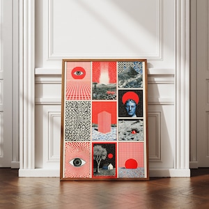 Puede incluir: Una impresión de arte mural rectangular enmarcada que presenta una cuadrícula de nueve paneles distintos. La obra muestra una mezcla de ilustraciones gráficas en rojo, negro, blanco y azul, incluyendo ojos, una cabeza de estatua clásica y paisajes.