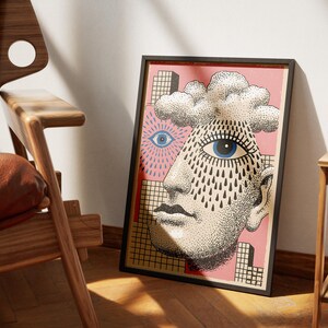Surreal Rain Cloud Head Poster Melancholy Face Art Print Trippy Blue Eye Artwork