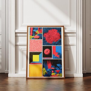 Puede incluir: Una impresión de arte mural rectangular enmarcada que presenta una cuadrícula de múltiples paneles con diseños abstractos vibrantes. La obra muestra una mezcla de colores rojo, amarillo y azul brillantes, incorporando patrones de puntos, formas geométricas y texturas orgánicas.