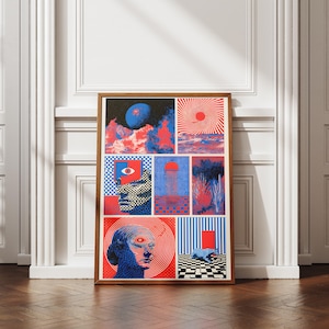 Puede incluir: Una lámina artística rectangular enmarcada con una cuadrícula de seis paneles distintos en rojo, azul y negro. Las imágenes incluyen una luna oscura, un sol radiante, una cabeza humana con patrón de cuadros, un ojo geométrico y una pantera.