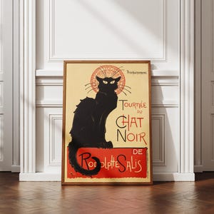 May include: A framed vintage poster featuring a black cat with glowing eyes, set against a cream background. The poster has a red and black banner at the bottom with the text "Rolph Salis". The poster is in a wooden frame.
