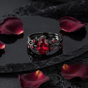 Black Couple Rings with Red Gemstone | Gothic Dragon Ring Set for Him | Alternative Wedding Bands for Her