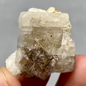 May include: A close-up of a raw, uncut mineral specimen. The crystal is a mix of clear, off-white, and brown tones. The mineral has a rough, textured surface with a geometric shape. The specimen is held by a person's fingers.