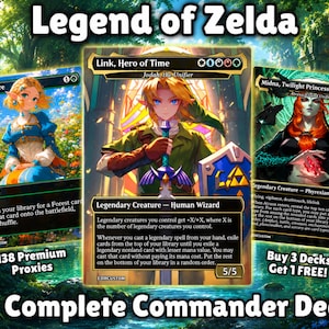 Op de afbeelding: Drie ruilkaarten met het thema Legend of Zelda, met Link, Hero of Time, Nature's Lore en Midna, Twilight Princess. De kaarten tonen gedetailleerde fantasy-illustraties, zwarte randen en speltekst. De set is een compleet commander-deck met 138 premium proxies.