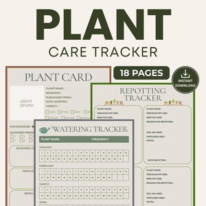 Op de afbeelding: Een digitale plantenverzorgingstracker-set van 18 pagina's met secties voor plantenkaarten, verpotlogs en bewateringsschema's. De pagina's bevatten tekstvelden voor plantennamen, datums en verzorgingsdetails, geaccentueerd met groene en bruine randen.