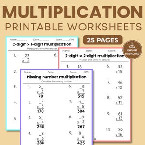 2 Digit Multiplication Worksheets, Printable Math Practice, Missing Numbers, Timed Drill, Answer Key PDF