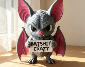 Cute Hand-Painted Bat Figurine "Batshit Crazy", Spooky Cute Bat Statue, Hand Painted 3D Printed,Dark Romance Shelf Decor | Made to Order
