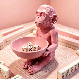 May include: A monochromatic pink monkey figurine holding a matching pink bowl filled with four white dice. The monkey is positioned in the center of a game board featuring rows of white and pink mahjong tiles with various black and red symbols.