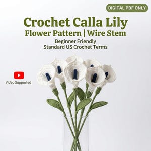 Virkat kallaliljemönster, amigurumiblomma i PDF-format, tillverkning av konstgjord bröllopsbukett, guide till gör-det-själv-blomster, handledning för nybörjare i 3D-växter