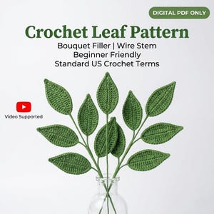 May include: A crochet leaf pattern with the text "Crochet Leaf Pattern" and "Bouquet Filler | Wire Stem | Beginner Friendly | Standard US Crochet Terms". The image shows green crochet leaves in a clear glass vase. The words "Digital PDF Only" and "Video Supported" are also visible.