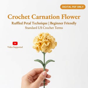 May include: A crocheted carnation flower with ruffled petals, in shades of yellow, green, and white. The flower is held by a green stem and leaves. Text on the image reads "Crochet Carnation Flower" and "Beginner Friendly".