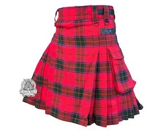 Falda escocesa de cuero para hombre con correa – Falda utilitaria de cuero con bolsillos cargo y estampado tartán. Disponible en más de 70 tartanes de clanes.