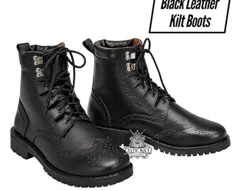 Botas de couro preto para homem | Botas escocesas Ghillie Brogue compridas | Botas Highland com cadarço | Botas para usar com kilt tradicional