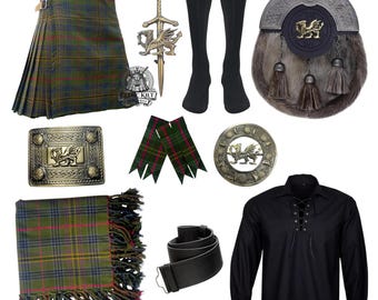 Men’s Welsh Dragon Tartan Kilt Outfit– 11 Pieces Scottish Antique Wedding Kilt Set Available in 70+ Tartans