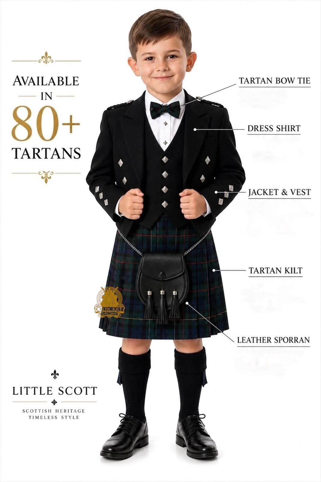 Boys Scottish Kilt Outfit Prince Charlie Jacket & Vest Tartan Kilt with Leather Sporran Kids Highland Dress Available in 80+ Tartans