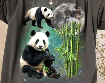 Retro Panda Bamboo Shirt, Vintage Forest Animal Tee, Cottagecore Zen Wildlife Art, Aesthetic 90s Nature Tshirt, Mystic Panda Moon Graphic