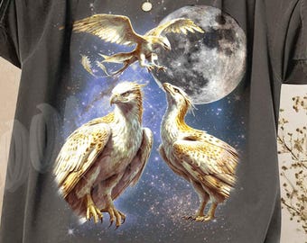 Three Thunderbird Moon Shirt, Mystic Mythical Bird Tee, Funny Thunderbird Galaxy Gift, Vintage Wash Retro Graphic Top, Celestial Nature Gift