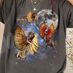 May include: Dark gray Comfort Color shirt with a graphic of Dilophosaurus dinosaurs in a starry night scene with a full moon. The shirt has the text "Comfort Color Shirt Pepper".