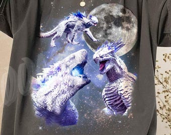 Three Shimo Moon Shirt, Vintage Ice Kaiju Galaxy Tee, Celestial Frost Monster Art, Aesthetic 90s Shimo Graphic T-shirt, Titan Moonlit Gift