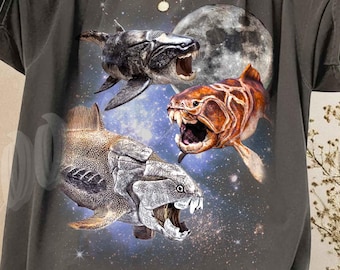 Three Dunkleosteus Moon Shirt, Vintage Prehistoric Fish Galaxy Tee, Celestial Armor Fish Art, Aesthetic 90s Fossil Graphic, Paleo Lover Gift