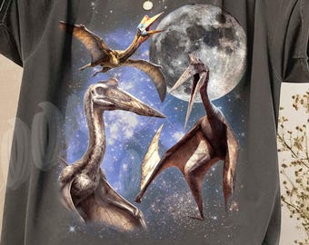 Three Quetzalcoatlus Moon Shirt, Vintage Pterosaur Galaxy Tee, Retro Dinosaur Art, Aesthetic 90s Prehistoric Graphic, Ancient Winged Gift