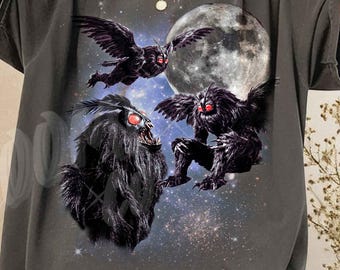 Three Mothman Moon Shirt, Vintage Cryptid Galaxy Tee, Celestial Monster Art, Aesthetic 90s Folkloric Graphic Top, Mythical Creature Gift
