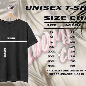 May include: Black unisex t-shirt hanging on a wooden hanger. The image includes a size chart with measurements in inches for width and length, ranging from size small to 5XL. The text "UNISEX T-SHIRT" is at the top.