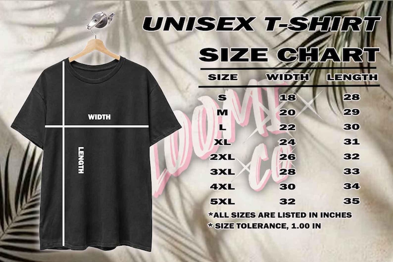 May include: Black unisex t-shirt hanging on a wooden hanger. The image includes a size chart with measurements in inches for width and length, ranging from size small to 5XL. The text "UNISEX T-SHIRT" is at the top.