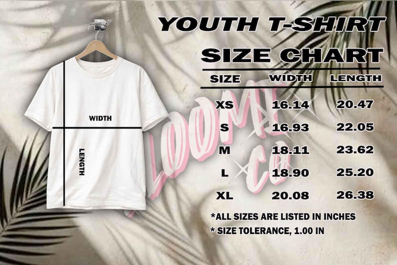May include: White youth t-shirt hanging on a wooden hanger, with a size chart. The chart lists sizes XS to XL, with width and length measurements in inches. The text "YOUTH T-SHIRT SIZE CHART" is at the top.