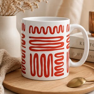 Abstract Line Art Mug, Minimalist Red Pattern Coffee Cup, Modern Aesthetic Ceramic Mug, Unique Artistic Gift, Trendy Kitchen Decor