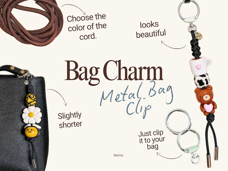 May include: A bag charm with a metal clip, featuring a black cord and decorative beads. The charm includes a yellow and black bee, a white daisy, and a smiling yellow face. The image also shows a brown cord option.