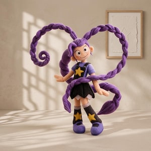 Könnte beinhalten: Eine Plüschpuppe mit langem, violettem, geflochtenem Haar, bekleidet mit einem violetten T-Shirt, einer schwarzen Latzhose mit gelbem Stern und schwarzen Stiefeln mit gelben Sternen. Die Puppe hat helle Haut, große Augen und ein einfaches Lächeln.