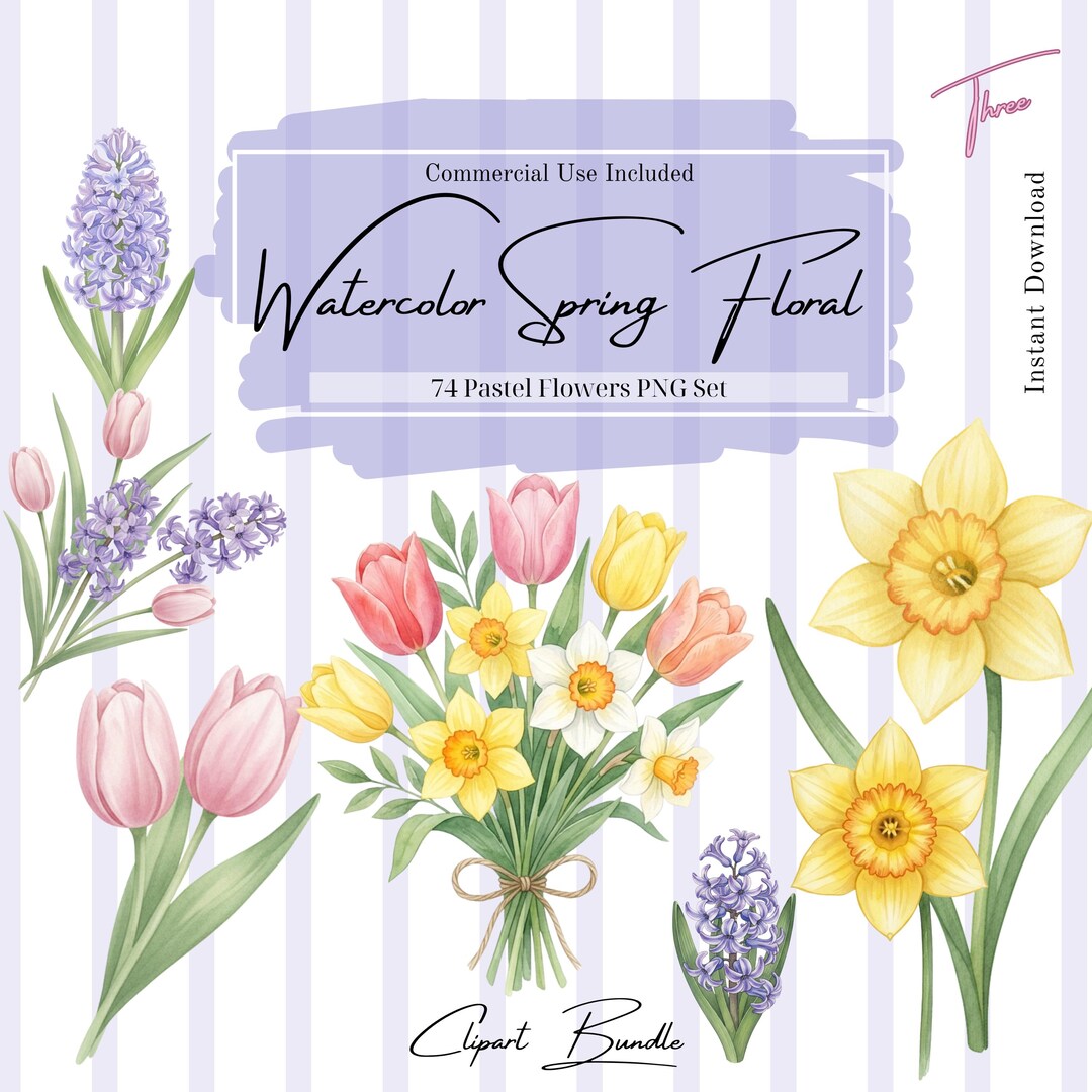 Watercolor Spring Floral Clipart Bundle, Pastel Flowers PNG Set ...