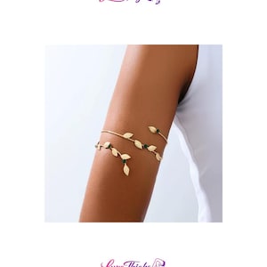 Gold Leaf Arm Cuff Bracelet, Emerald Green Armlet, Adjustable Boho Jewelry