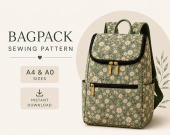 Quilted Backpack Sewing Pattern PDF, DIY Daisy Floral Zipper Daypack Pattern, Pocket Travel Rucksack Pattern, Instant Download A4 US Letter