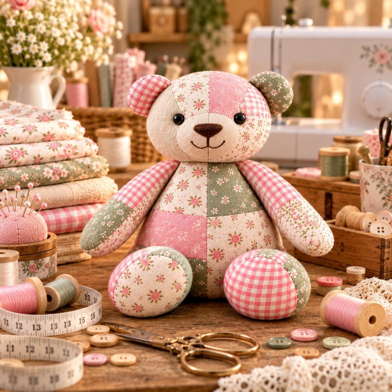 May include: A patchwork teddy bear constructed from various fabric squares featuring pink and green floral patterns and pink gingham checks. The bear has black button eyes and a stitched brown nose. A white measuring tape is visible in the foreground.