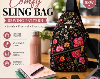 May include: A black sling bag with a vibrant floral pattern featuring pink, orange, and white flowers. The bag has gold-tone zips, an adjustable black strap, and multiple pockets. Text on the image includes Comfy Sling Bag Sewing Pattern.
