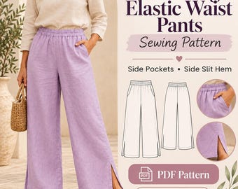 Wide Leg Linen Pants Sewing Pattern PDF, Elastic Waist Trousers with Pockets & Side Slits, Summer Lounge Pants Pattern, US Letter A4 A0