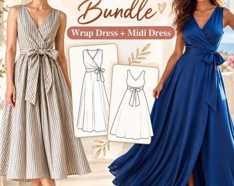2 Dress Sewing Pattern Bundle, Wrap Midi Dress Pattern PDF, Tie Waist A Line Summer Dress Sewing Patterns, Instant Download A4 US Letter A0