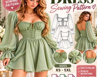 Corset Lace Up Mini Dress Pattern| Milkmaid Dress Sewing Pattern PDF| Cottagecore Puff Sleeve Digital Dress Pattern XS-5XL