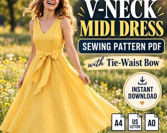 Yellow Linen Sundress Sewing Pattern PDF, Sleeveless V Neck Tie Waist Midi Dress Pattern, Cottagecore Boho Picnic Dress, A4 US Letter A0