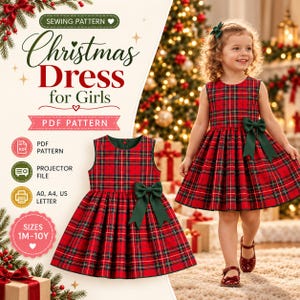 May include: A sewing pattern for a sleeveless Christmas dress featuring a red and green plaid fabric with a dark green bow at the waist. The text reads: SEWING PATTERN, Christmas Dress for Girls, PDF PATTERN, PDF PATTERN, PROJECTOR FILE, A0, A4, US LETTER, SIZES 1M-10Y.