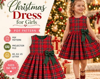Girls Tartan Dress Sewing Pattern PDF| Christmas Plaid Dress Pattern with Bow, Toddler Holiday Frock Sewing Pattern, Instant Digital Downlod