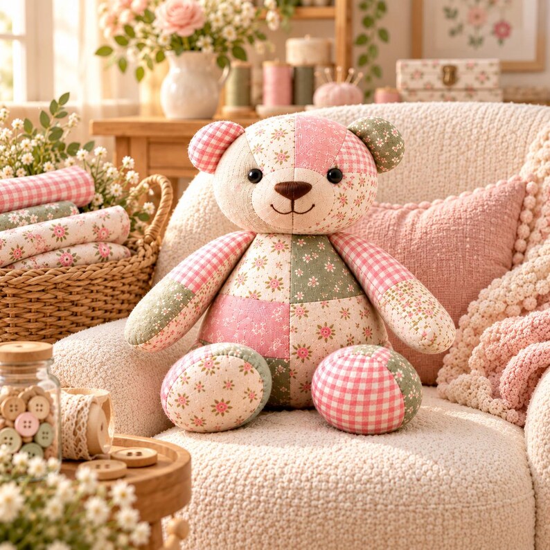 May include: A stuffed teddy bear made of patchwork fabric featuring a mix of pink gingham, sage green, and cream floral patterns. The bear has black button eyes, a brown stitched nose, and a stitched smile, sitting on a textured cream chair.